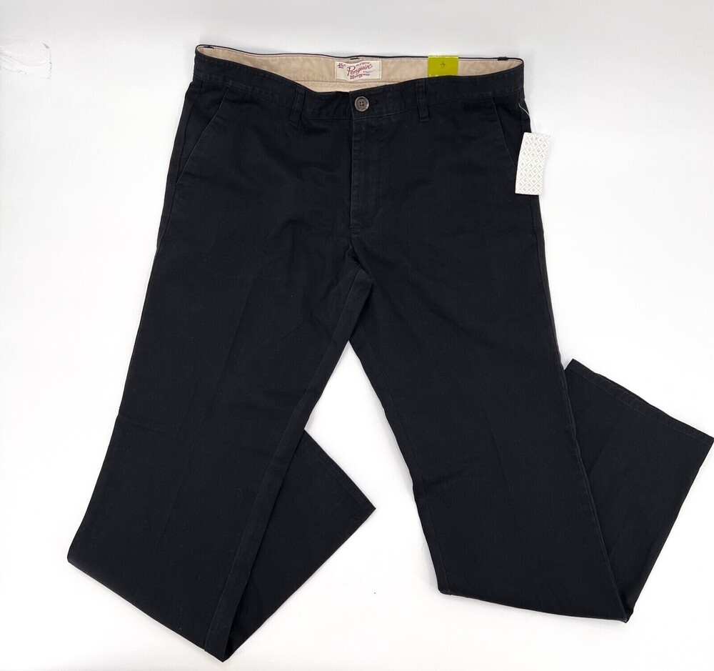 NEW Penguin Pants Mens 36 Black Straight Leg Heritage Fit Chino Khaki Flat Front